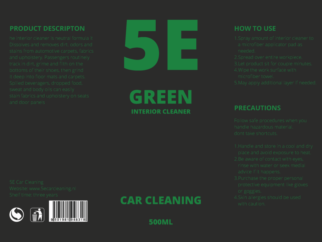 étiquette officielle avec infos produit d'une bouteille de nettoyant intérieur pour voiture écologique