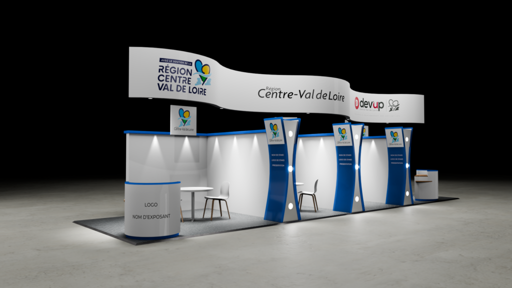 Modélisation 3D d'un stand d'exposition moderne et accueillant pour la région Centre-Val de Loire